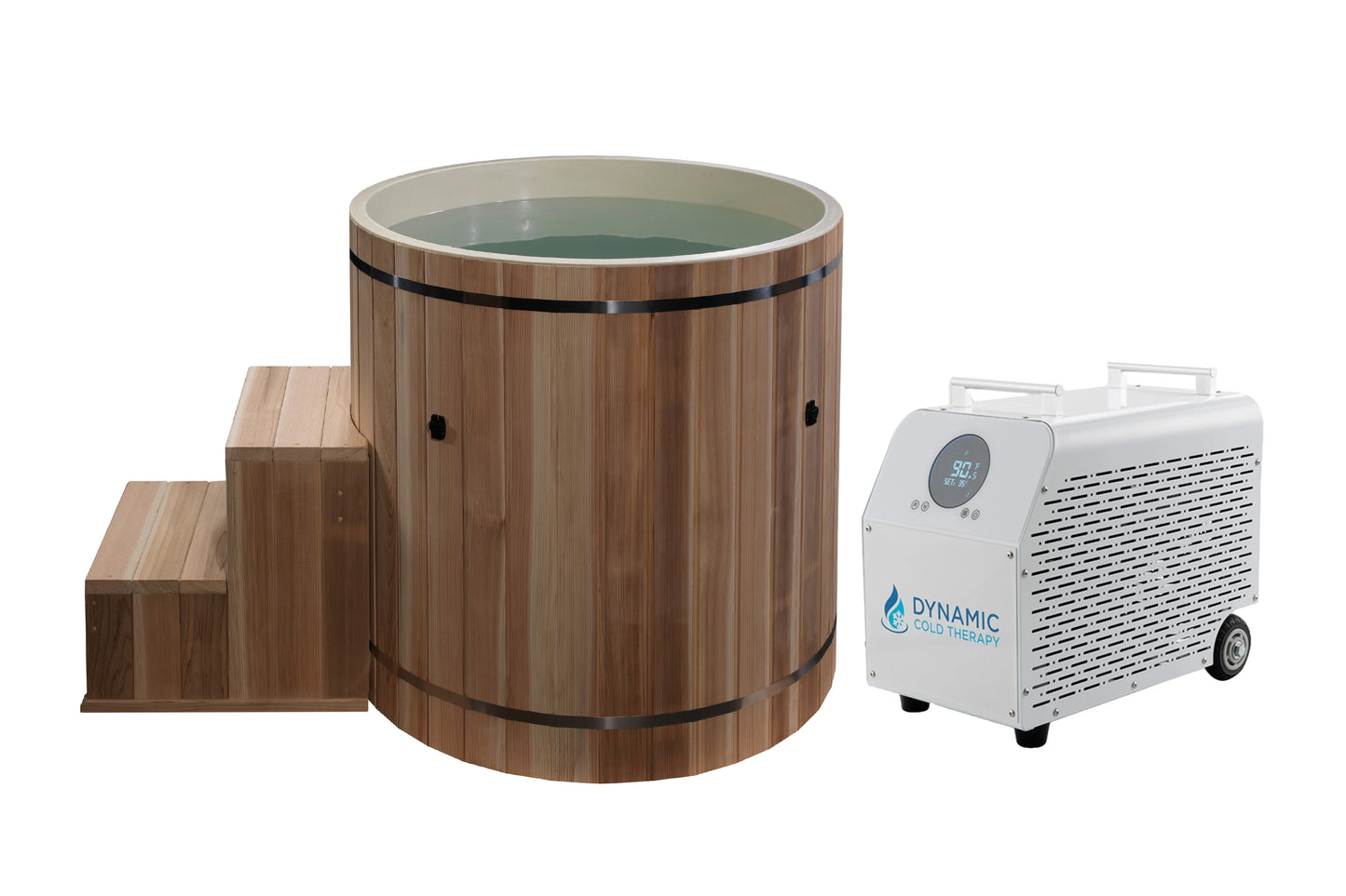 Wooden barrel with water and a white machine labeled 'Dynamic'