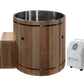 Wooden hot tub with steps and a control panel