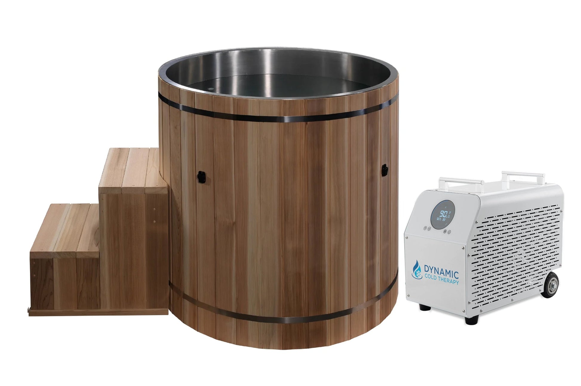 Wooden hot tub with steps and a control panel
