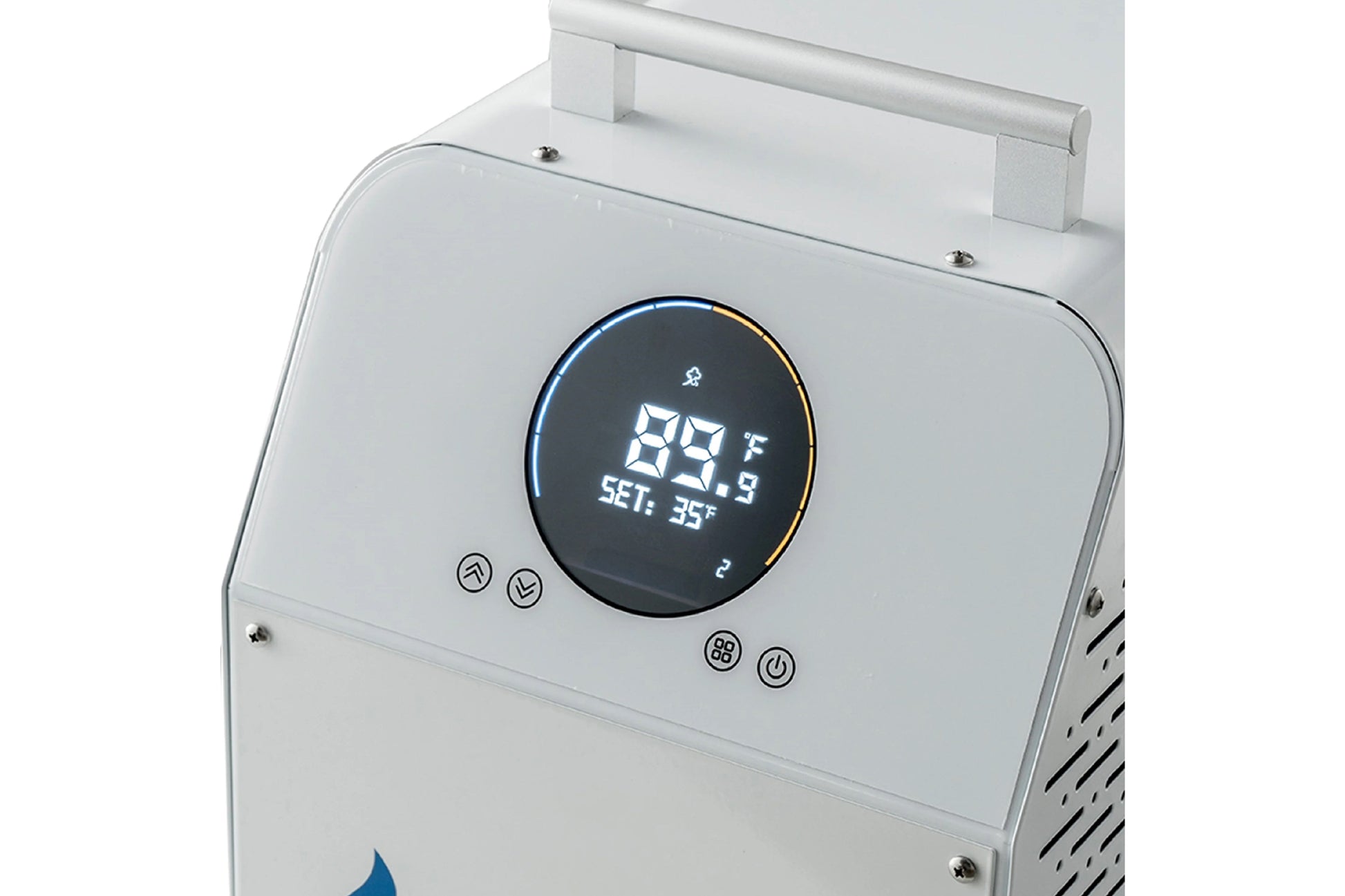 White cold therapy system with digital display showing 89.9°F temperature and set point, control buttons below screen, wall-m