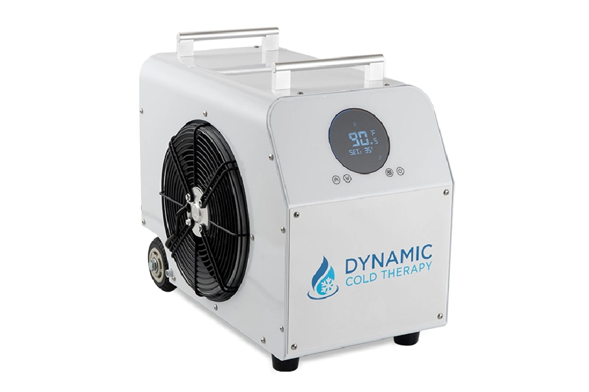 White Dynamic Cold Therapy unit with black fan, digital display showing temperature, metal handles, and wheels on white backg