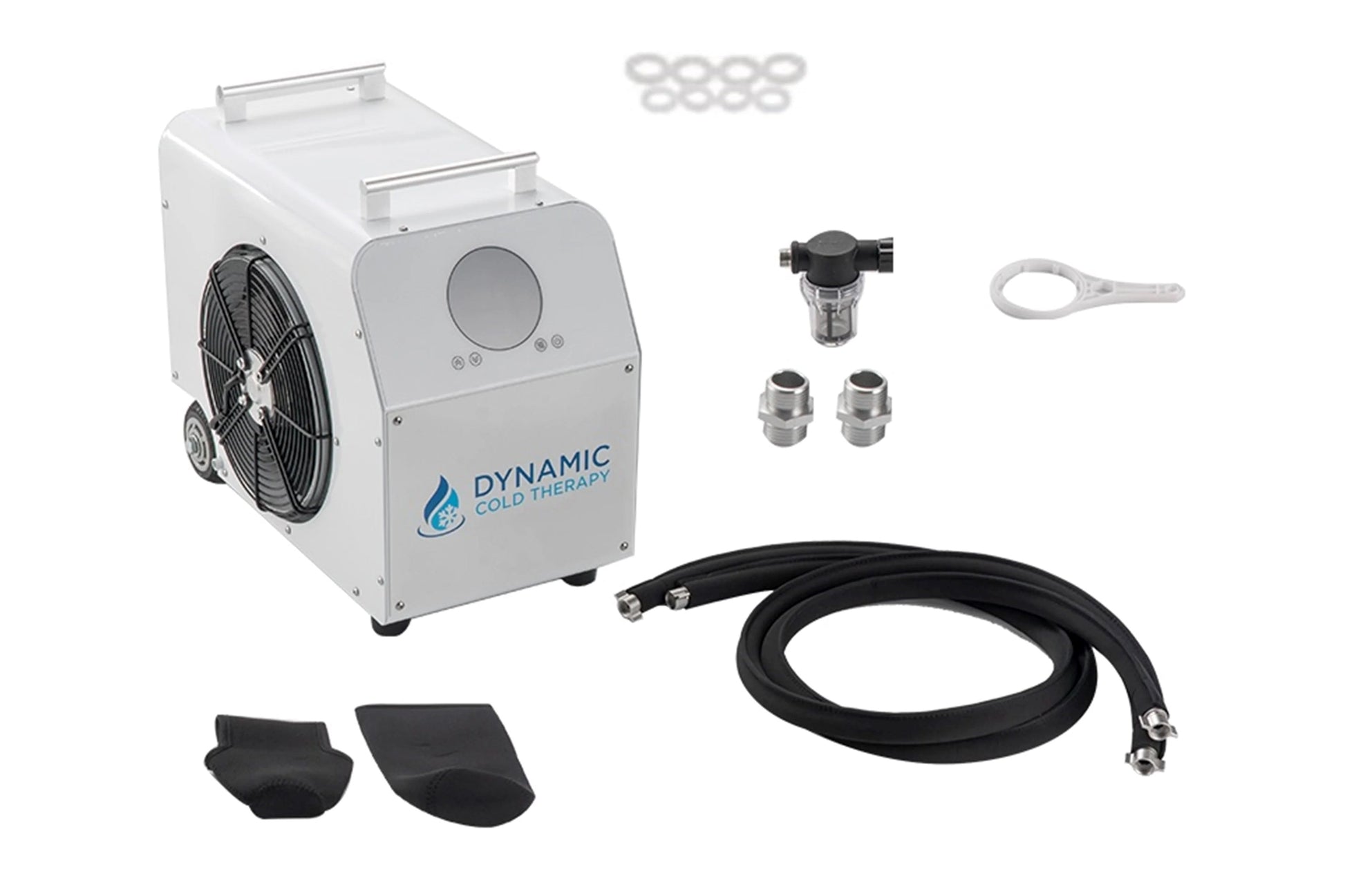 Dynamic Cold Therapy Premier Edition system with white main unit, black hose, two applicator heads, filter cartridges, and ac