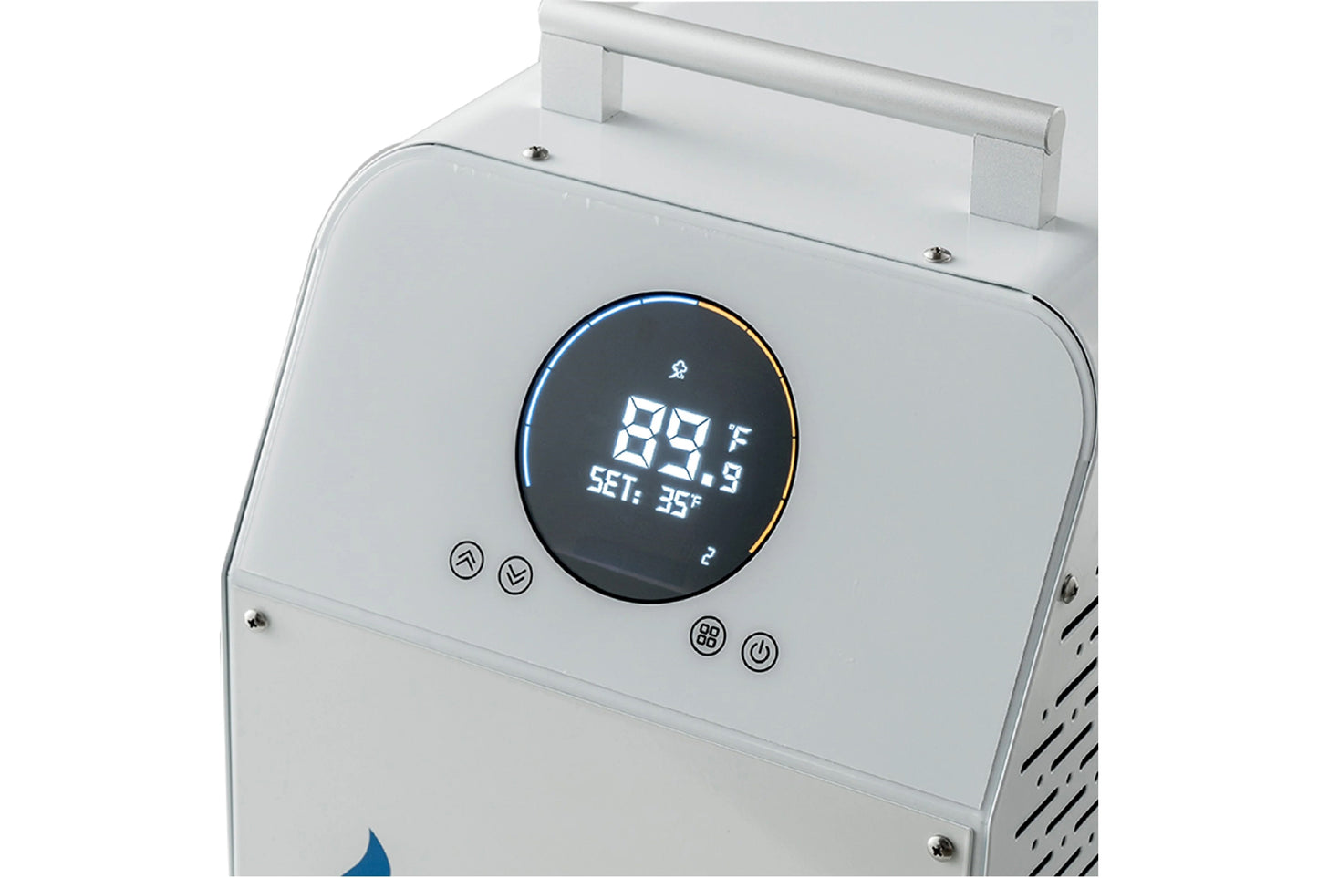 White cold therapy system with digital display showing 89.9°F temperature and 35°F set point, control buttons below circular 