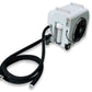 White and black portable cold therapy unit with black fan, control panel, attached black hose, and wheeled base on white back
