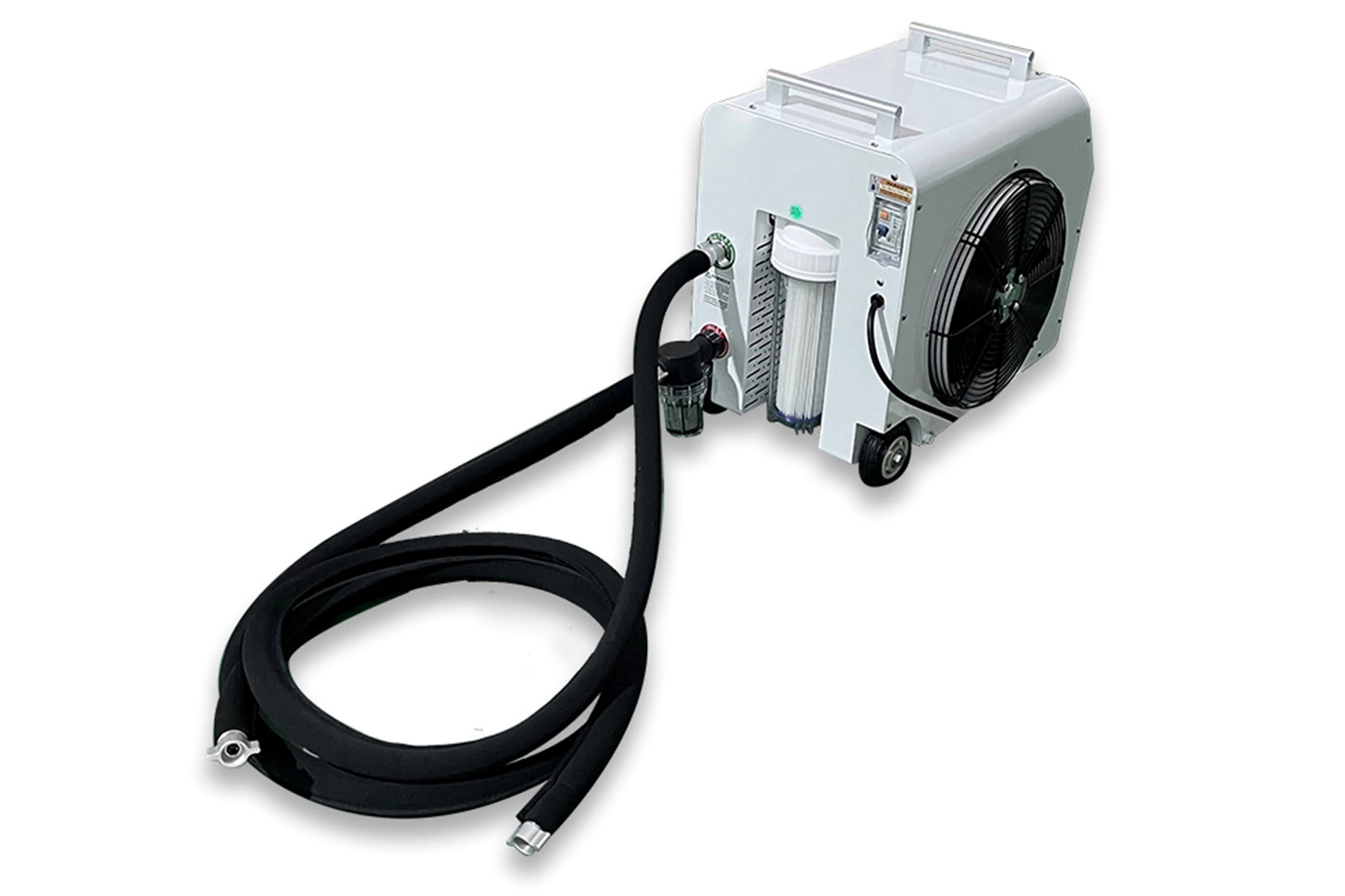 White and black portable cold therapy unit with black fan, control panel, attached black hose, and wheeled base on white back