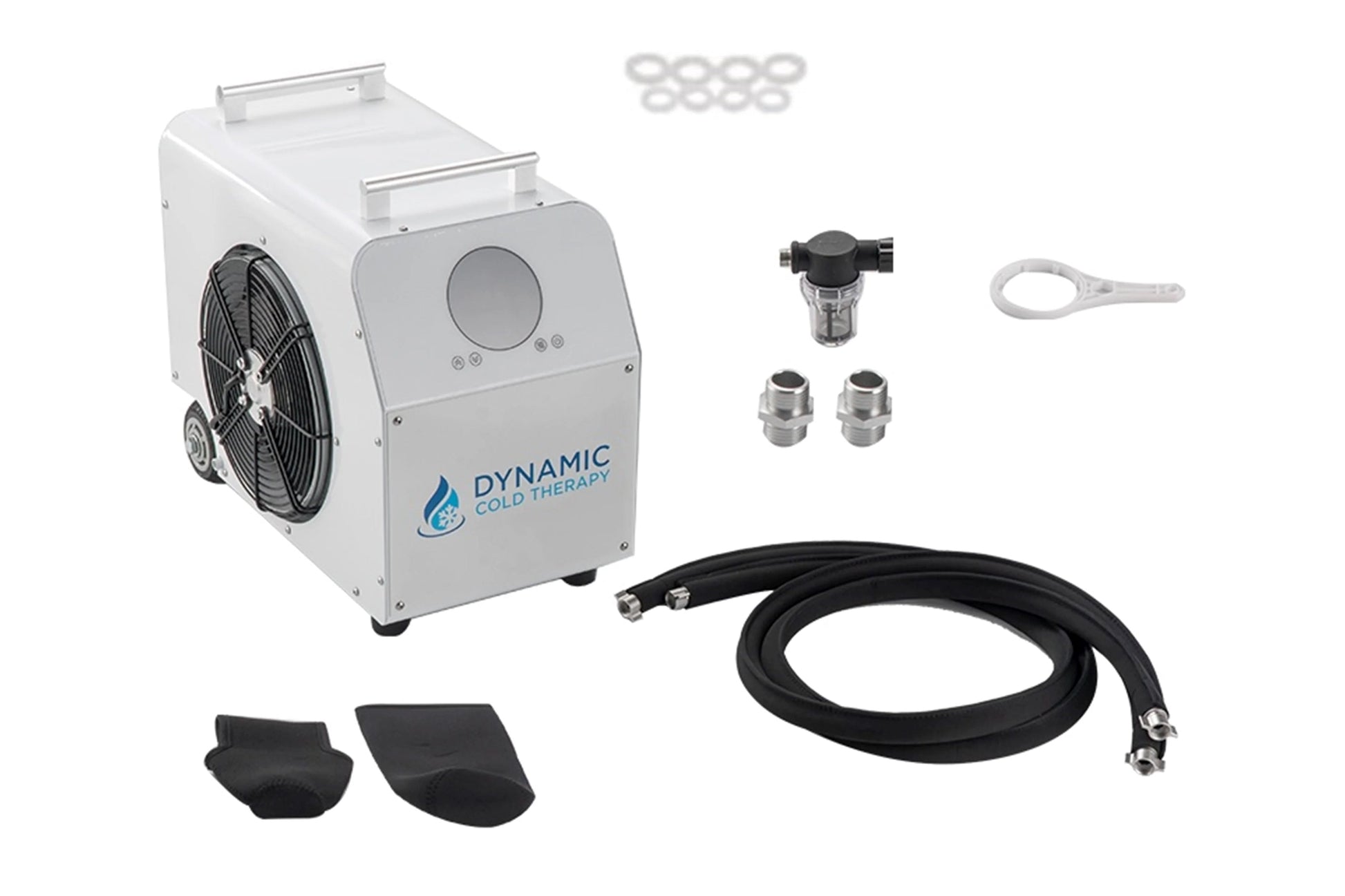 Dynamic Cold Therapy Premier Edition white and gray therapy system with fan, black hose, metal fittings, and accessories on w