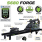 Dynamic Fluid S660 Forge rowing machine with black frame, green accents, Bluetooth monitor, and adjustable resistance levels 