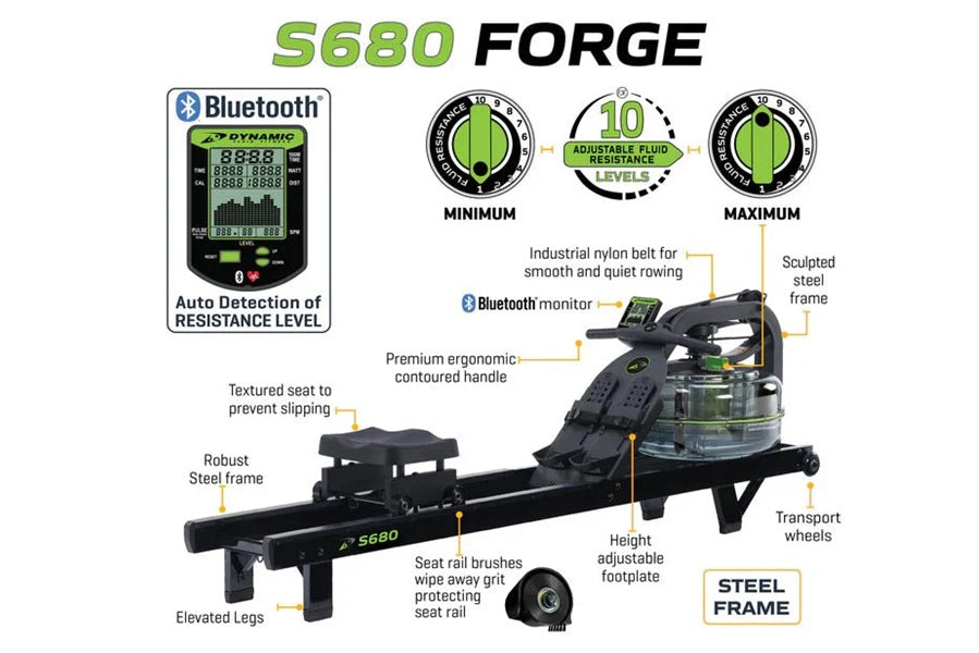 Dynamic Fluid S660 Forge rowing machine with black frame, green accents, Bluetooth monitor, and adjustable resistance levels 