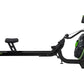 Black and green M350 rowing machine with extended slide seat, handlebar, digital display, and phone holder on white backgroun