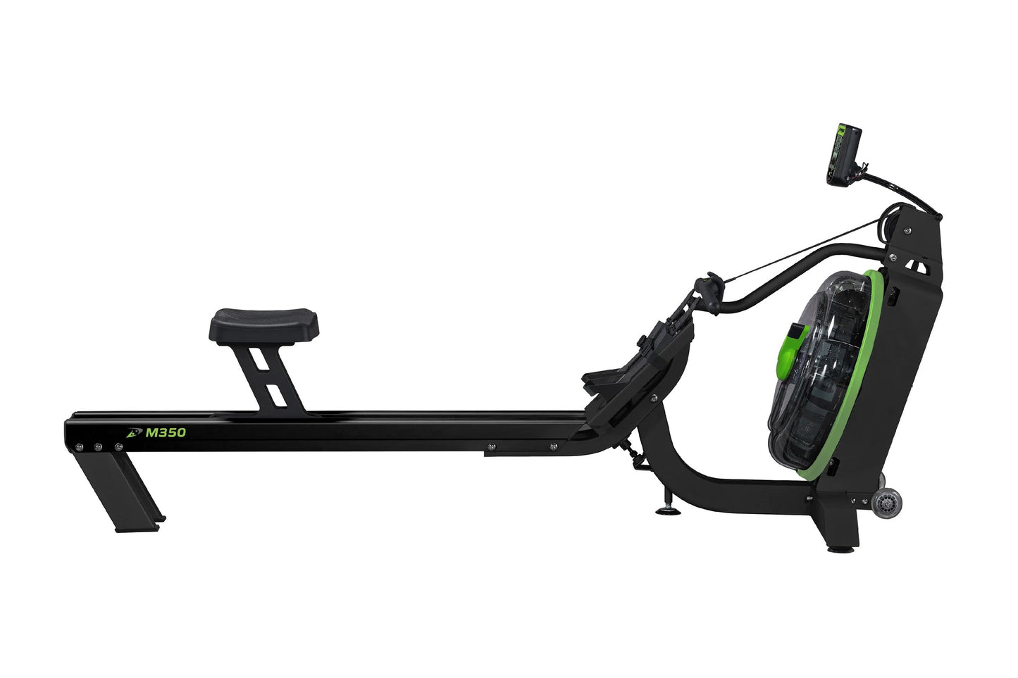 Black and green M350 rowing machine with extended slide seat, handlebar, digital display, and phone holder on white backgroun