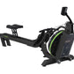 Black and green Dynamic Fluid M350 rowing machine with digital display, resistance wheel, and adjustable seat on white backgr