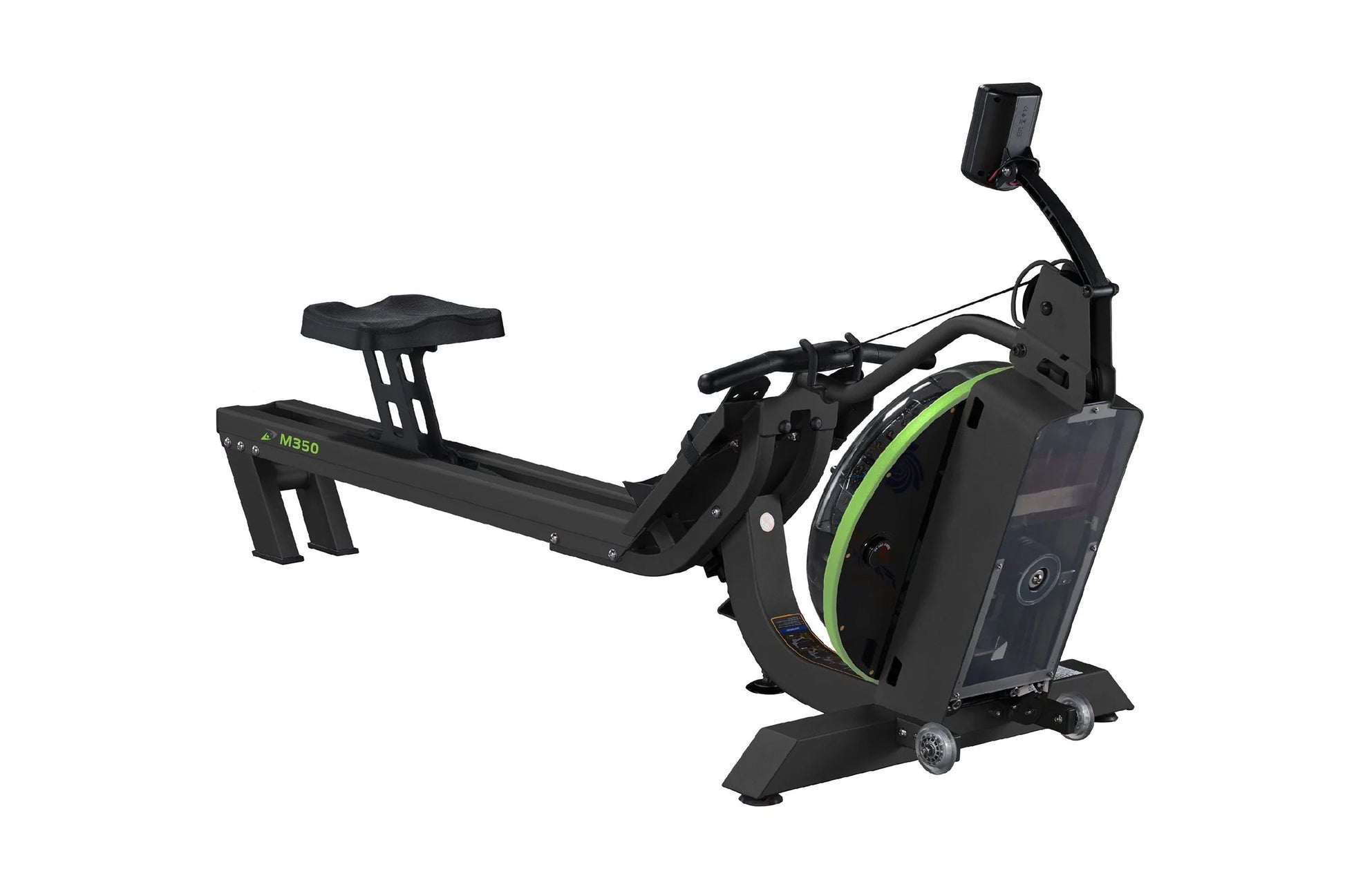 Black and green Dynamic Fluid M350 rowing machine with digital display, resistance wheel, and adjustable seat on white backgr