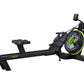 Black and neon green M350 rowing machine with large circular fan wheel, digital display console, and ergonomic seat on white 
