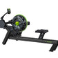 Black and neon green M550 rowing machine with digital display monitor, magnetic resistance wheel, and padded seat on white ba
