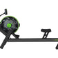 Dynamic Fluid M550 rowing machine with black frame, green accents, and transparent water resistance chamber on white backgrou