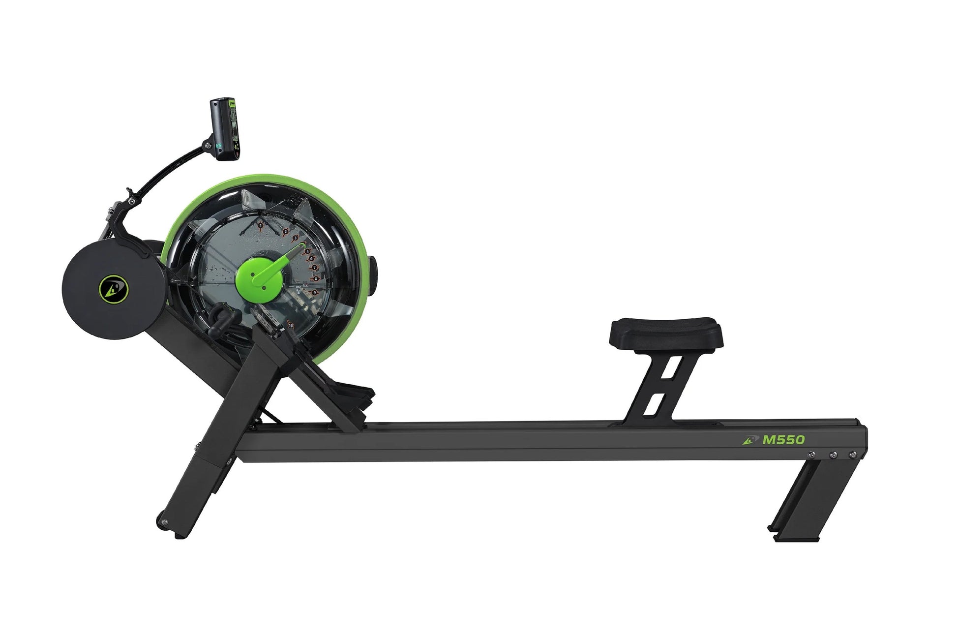 Dynamic Fluid M550 rowing machine with black frame, green accents, and transparent water resistance chamber on white backgrou