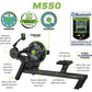 Dynamic Fluid M550 Rower with black frame, green accents, Bluetooth monitor, and labeled features including 10 resistance lev