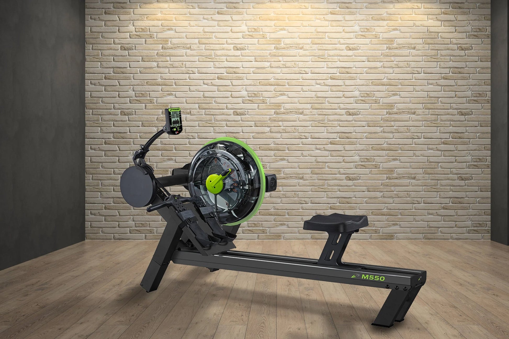 Black rowing machine with lime green accents and digital display, shown on wooden floor against cream brick wall