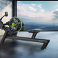 Black and neon green M550 rowing machine with digital display and resistance wheel, side view on concrete floor