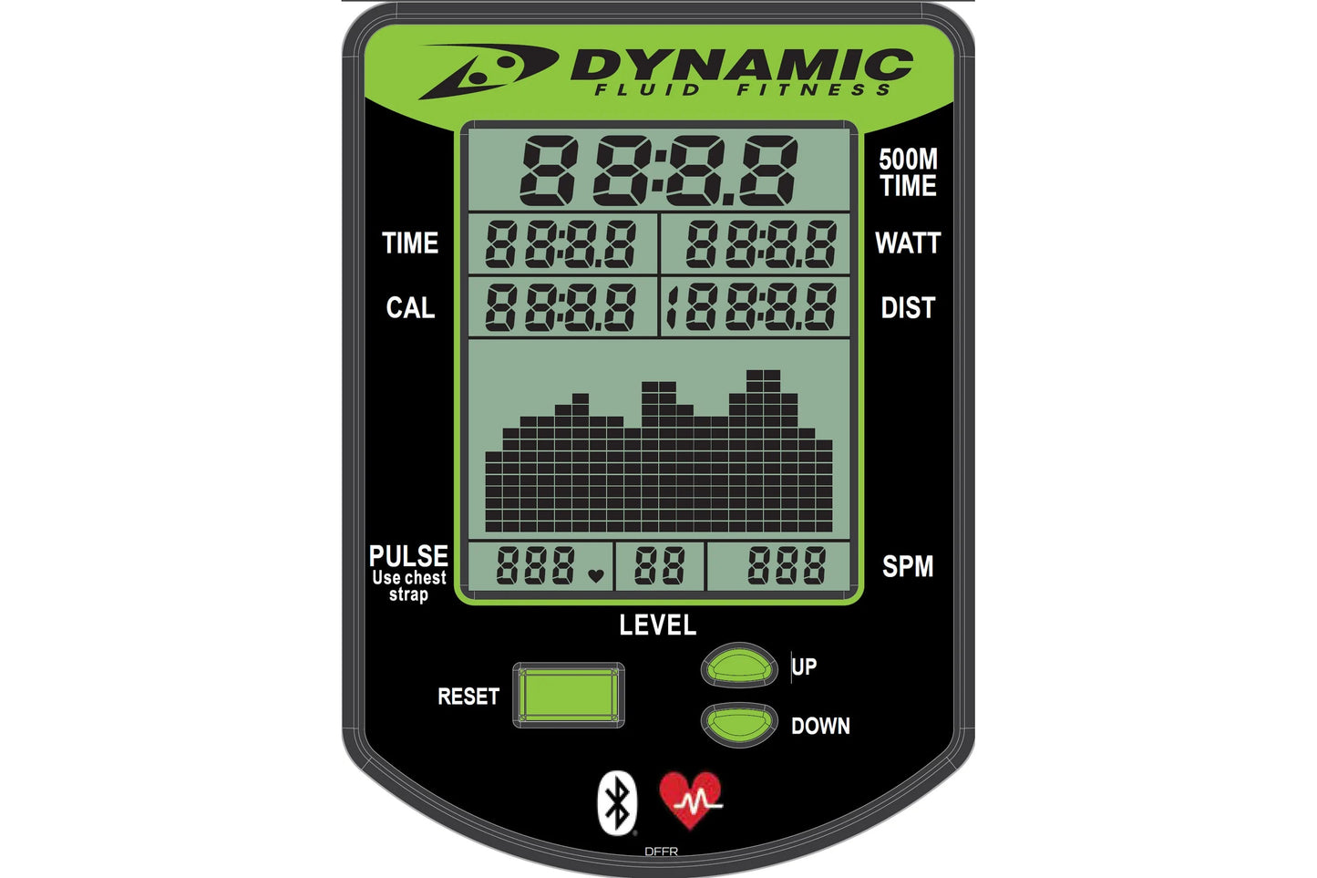 Dynamic Fluid Fitness M550 rower console display with lime green and black design showing time, watts, distance, calories, an
