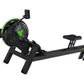 Black and neon green magnetic rowing machine with digital monitor and foot pedals on white background