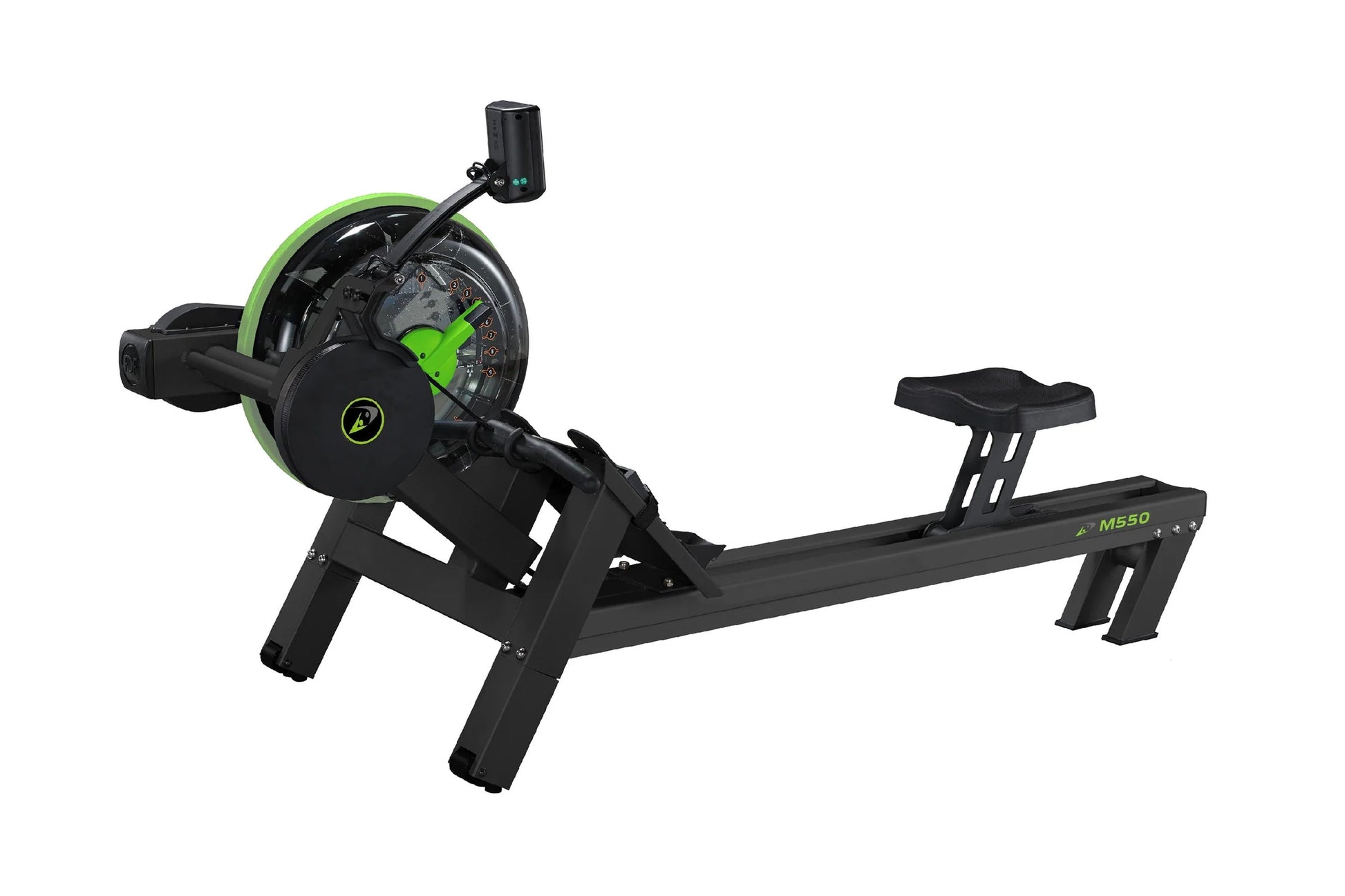 Black and neon green magnetic rowing machine with digital monitor and foot pedals on white background