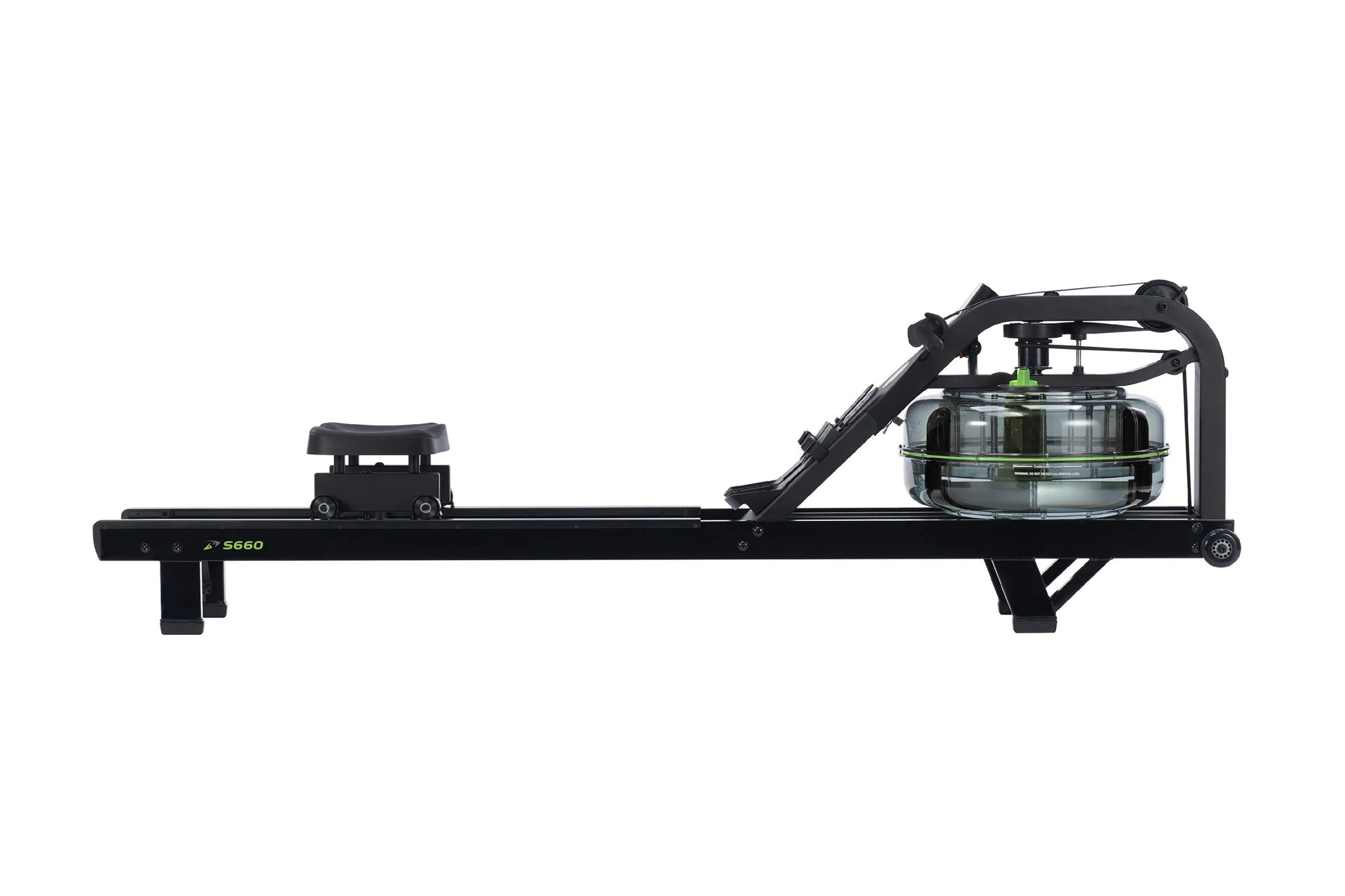 Black water rowing machine with transparent water tank and green accents, side view on white background