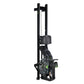 Black vertical rowing machine with padded seat, dual handles, and resistance wheel on white background