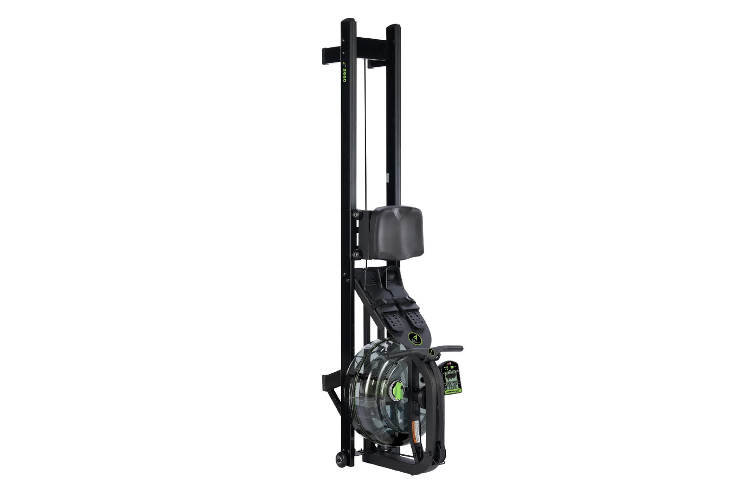 Black vertical rowing machine with padded seat, dual handles, and resistance wheel on white background