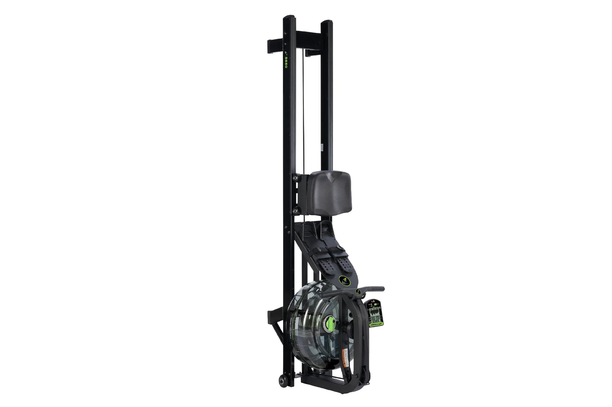 Black vertical rowing machine with padded seat, dual handles, and resistance wheel on white background
