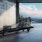 Black S660 rowing machine with fluid resistance tank and digital display, shown indoors with mountain lake view