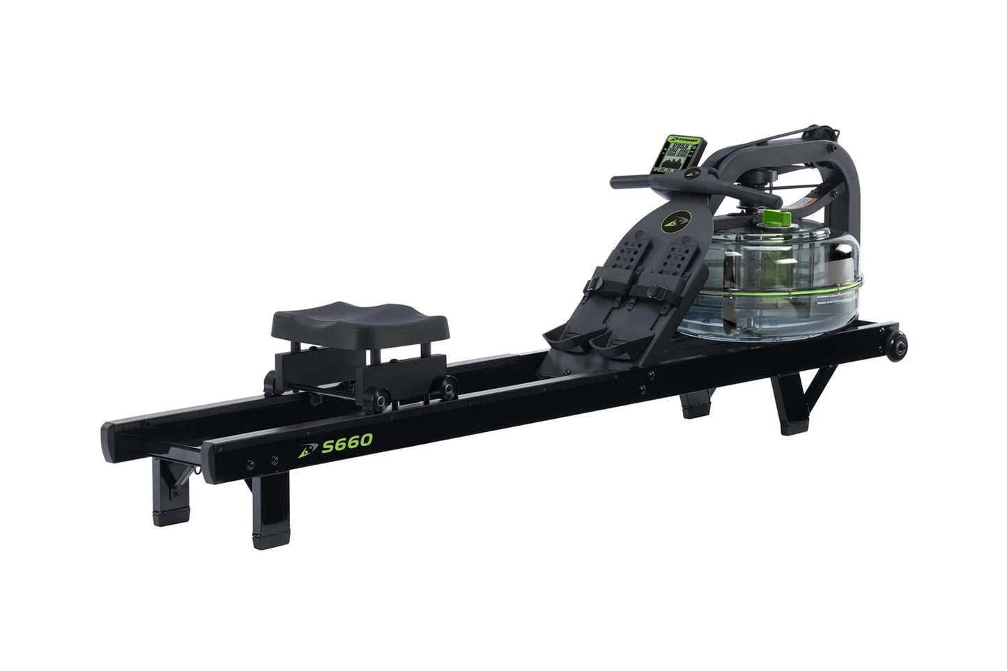 Black Dynamic Fluid S660 rowing machine with digital monitor, green accents, and water resistance chamber on white background