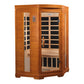 Two-person cedar infrared sauna with glass front doors, black heating panels visible inside, digital control panel, and light