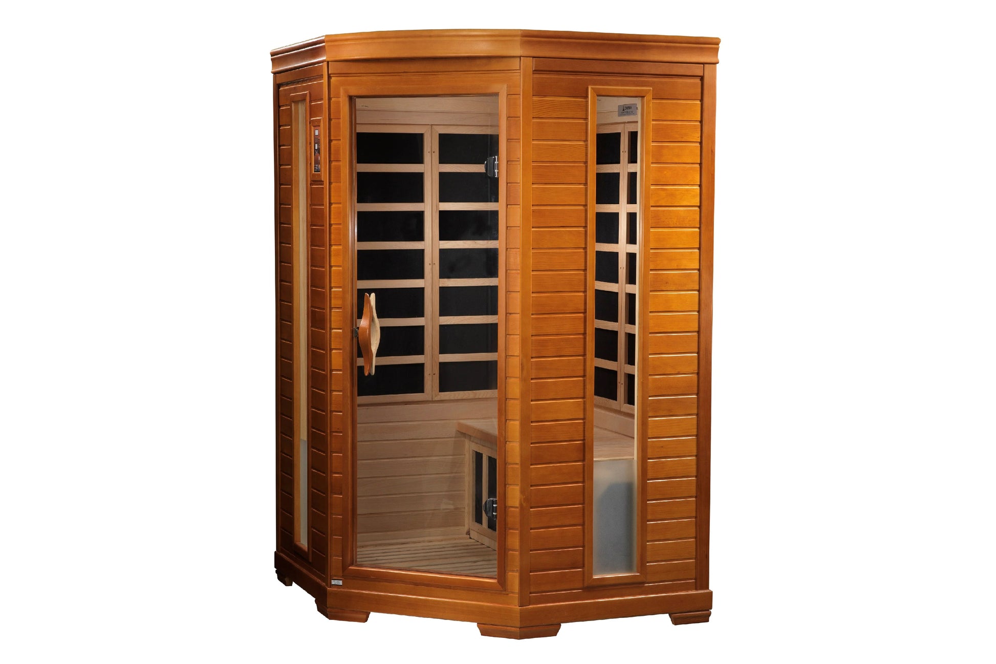 Golden cedar corner sauna with glass doors, carbon heating panels visible through windows, and wooden bench interior on white