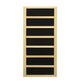 Natural wood sauna with seven black panel shelves and horizontal pine dividers, on white background