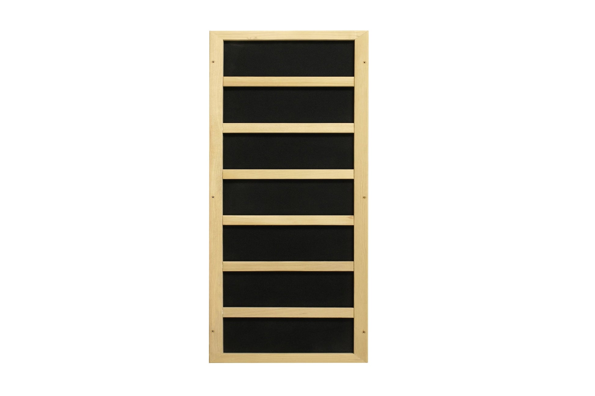 Natural wood sauna with seven black panel shelves and horizontal pine dividers, on white background