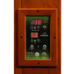 Dynamic sauna control panel with wooden frame mounted on wood wall, digital temperature display showing 198 degrees, time dis