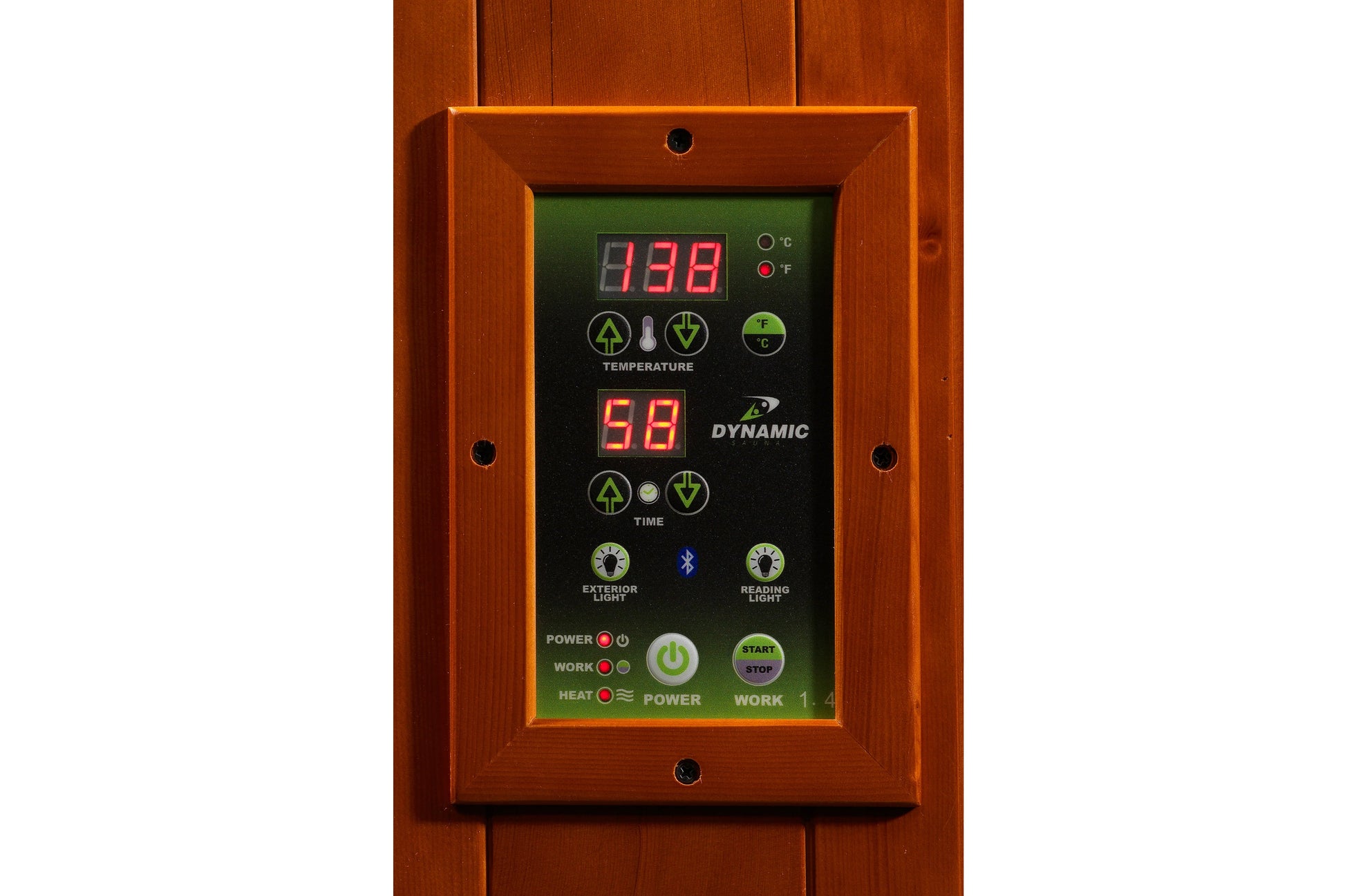 Dynamic sauna control panel with wooden frame mounted on wood wall, digital temperature display showing 198 degrees, time dis