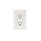 White wall outlet with two vertical rectangular sockets and grounding holes, on light gray wall plate