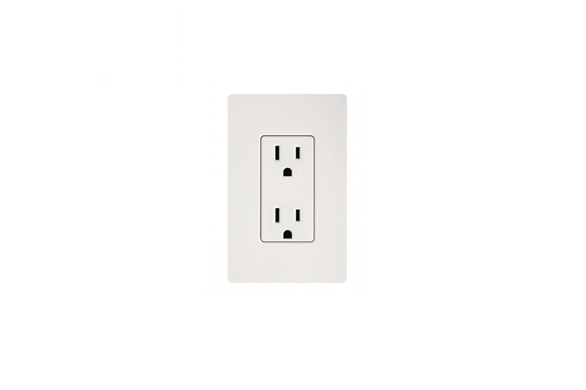 White wall outlet with two vertical rectangular sockets and grounding holes, on light gray wall plate