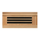 Natural cedar sauna with black horizontal vent panel and control interface on white background
