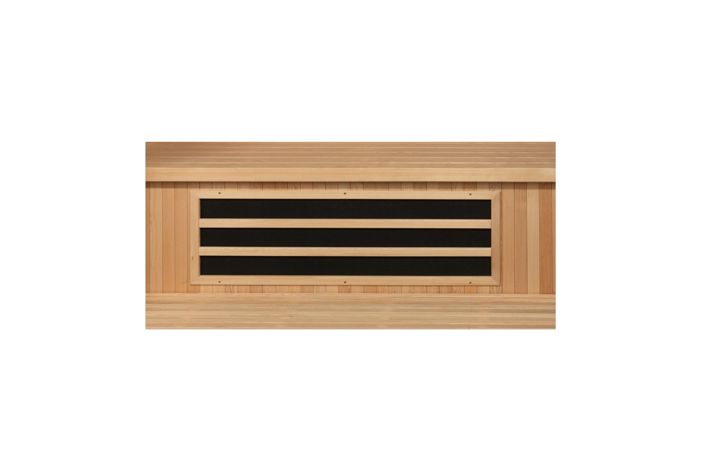 Natural cedar sauna with black horizontal vent panel and control interface on white background