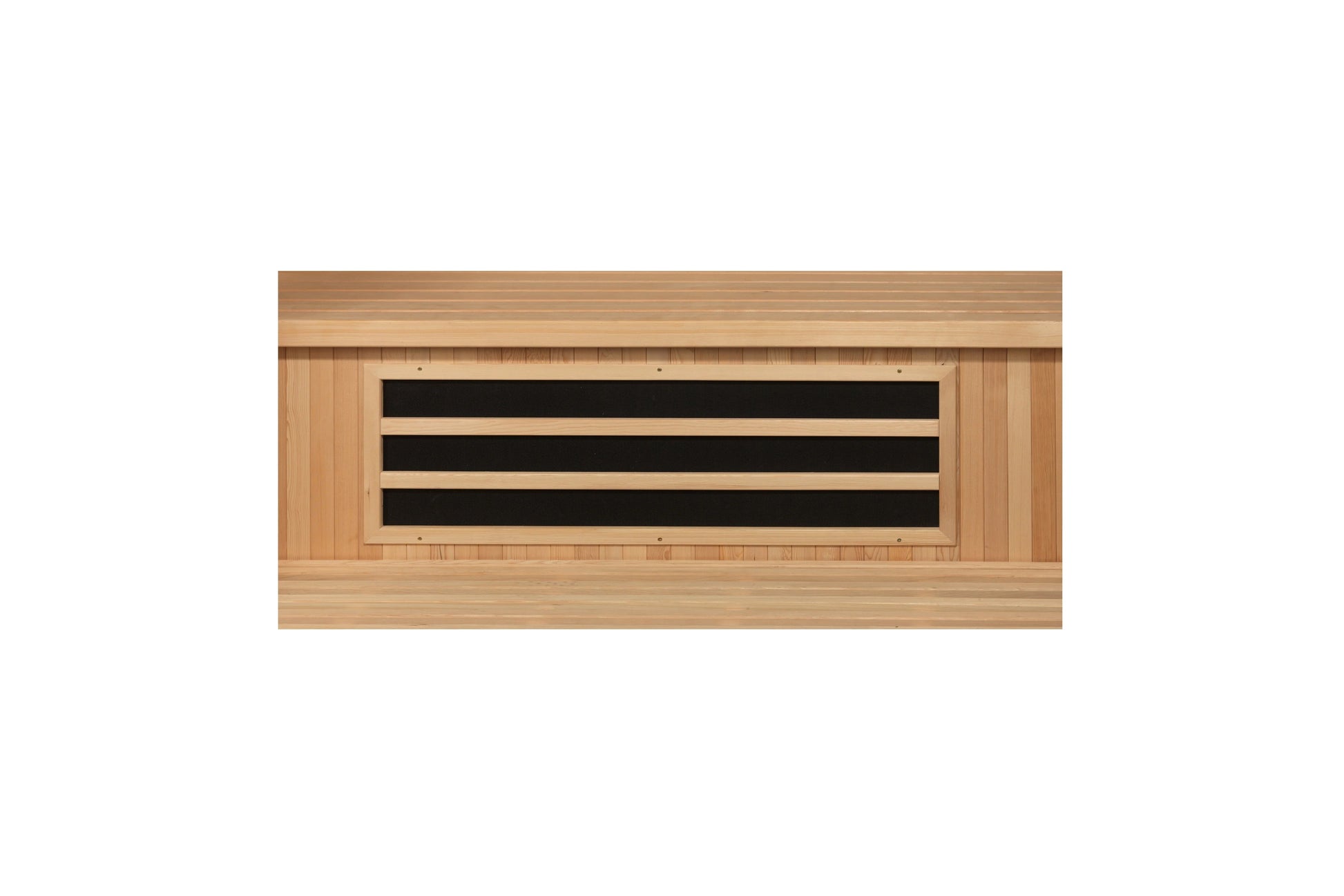 Natural cedar sauna with black horizontal vent panel and control interface on white background