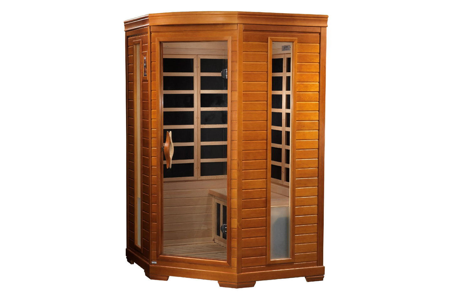 Golden wood infrared sauna with glass doors and black interior heating elements, viewed against white background