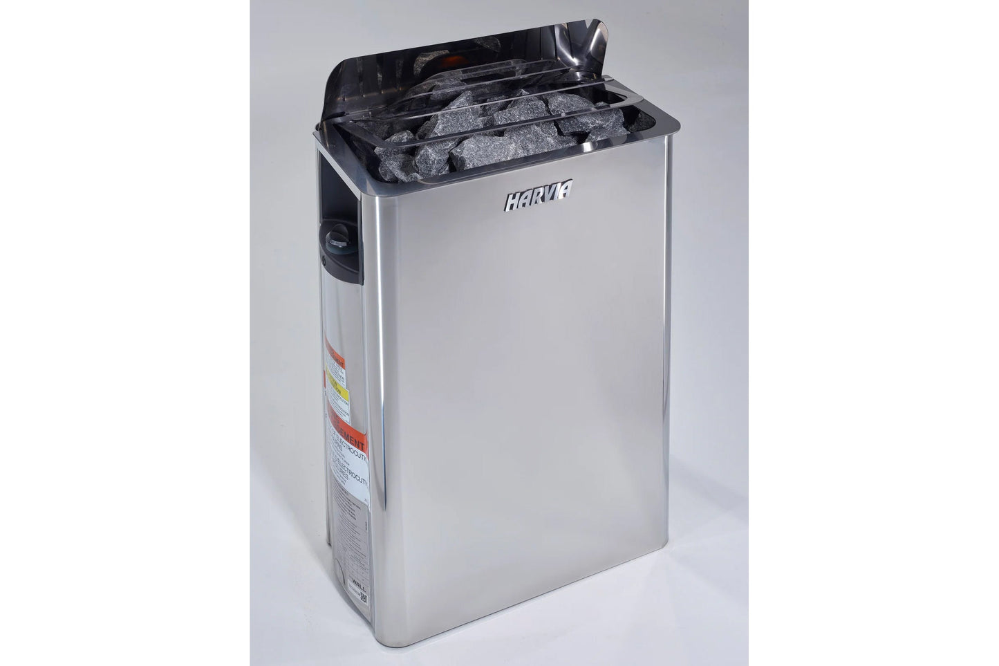 Harve stainless steel sauna heater with black top basket filled with gray stones, shown on white background