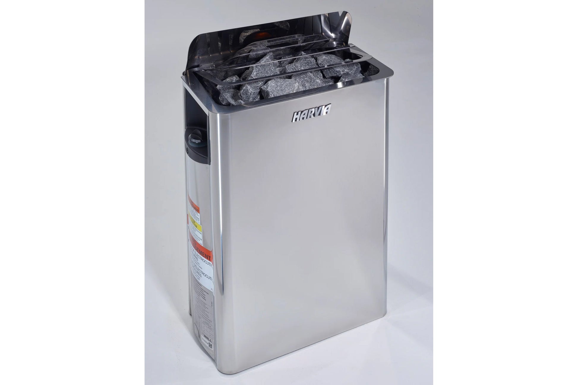 Harve stainless steel sauna heater with black top basket filled with gray stones, shown on white background