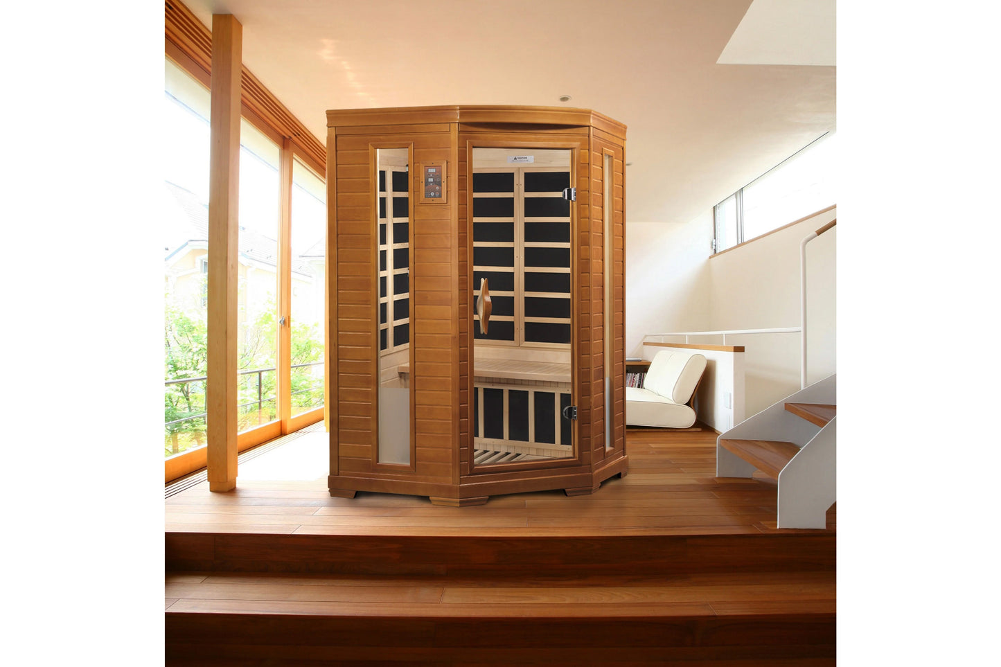 Two-person far infrared sauna with cedar wood construction, glass door with black interior visible, digital control panel, pl