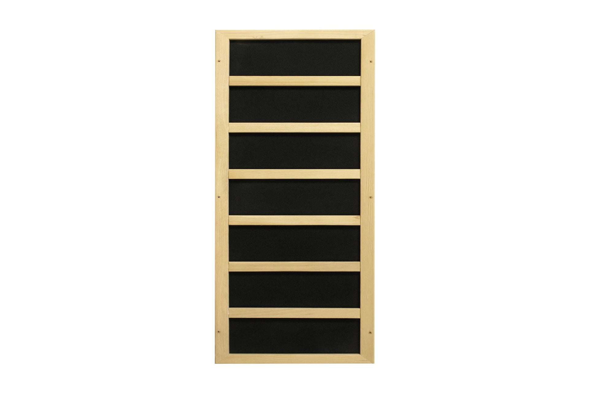 Natural wood framed sauna interior with seven horizontal black panels separated by light wood dividers, front view on white b