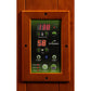 Wooden sauna control panel with digital display showing 198 degrees, temperature and time controls, exterior and reading ligh