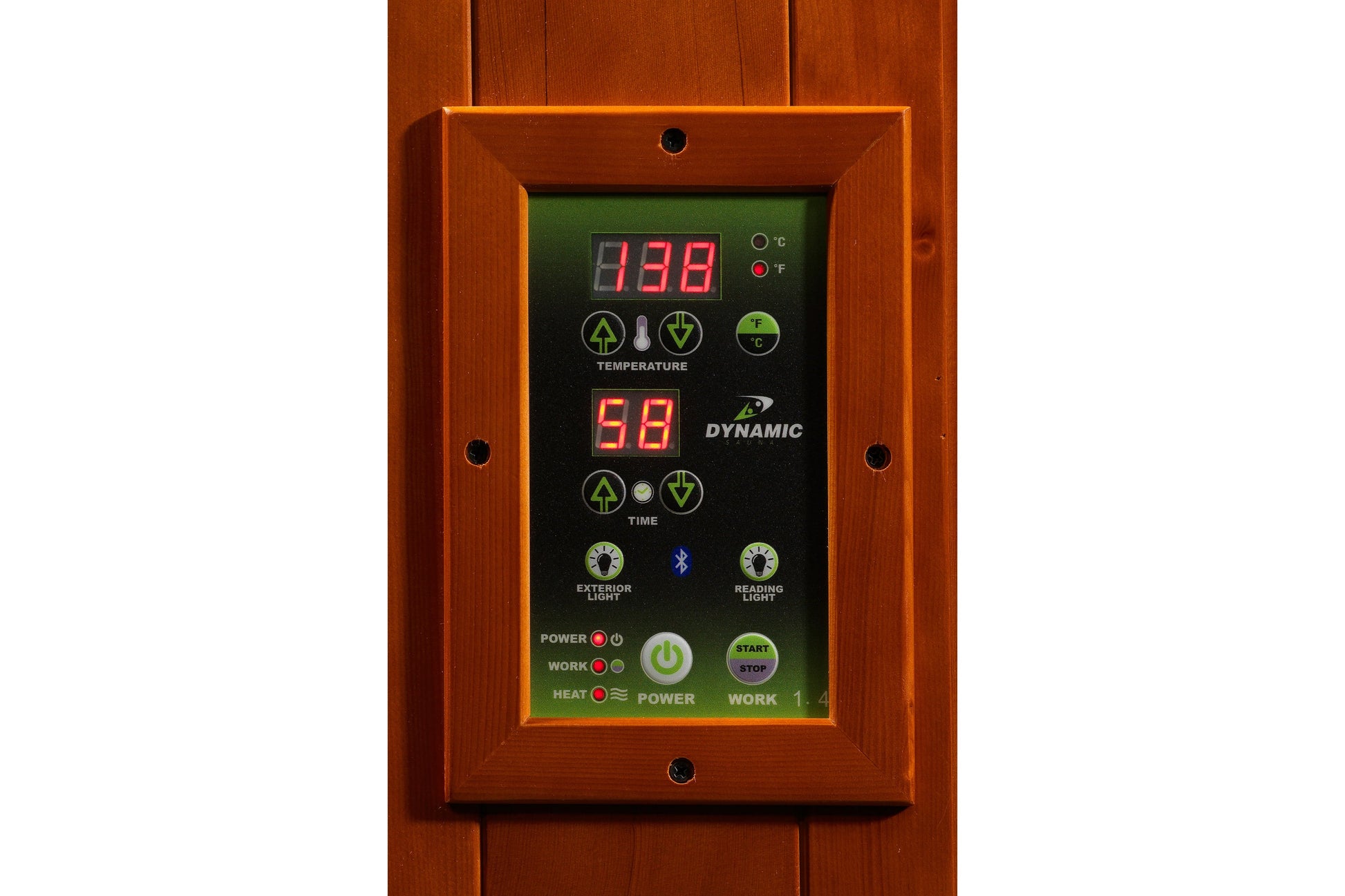 Wooden sauna control panel with digital display showing 198 degrees, temperature and time controls, exterior and reading ligh